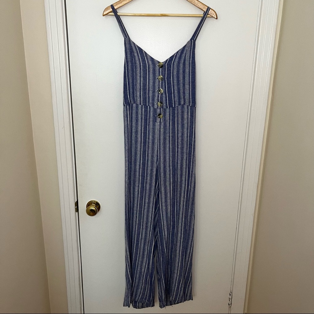 Blue Boho Striped Linen Jumpsuit - Picture 6 of 13